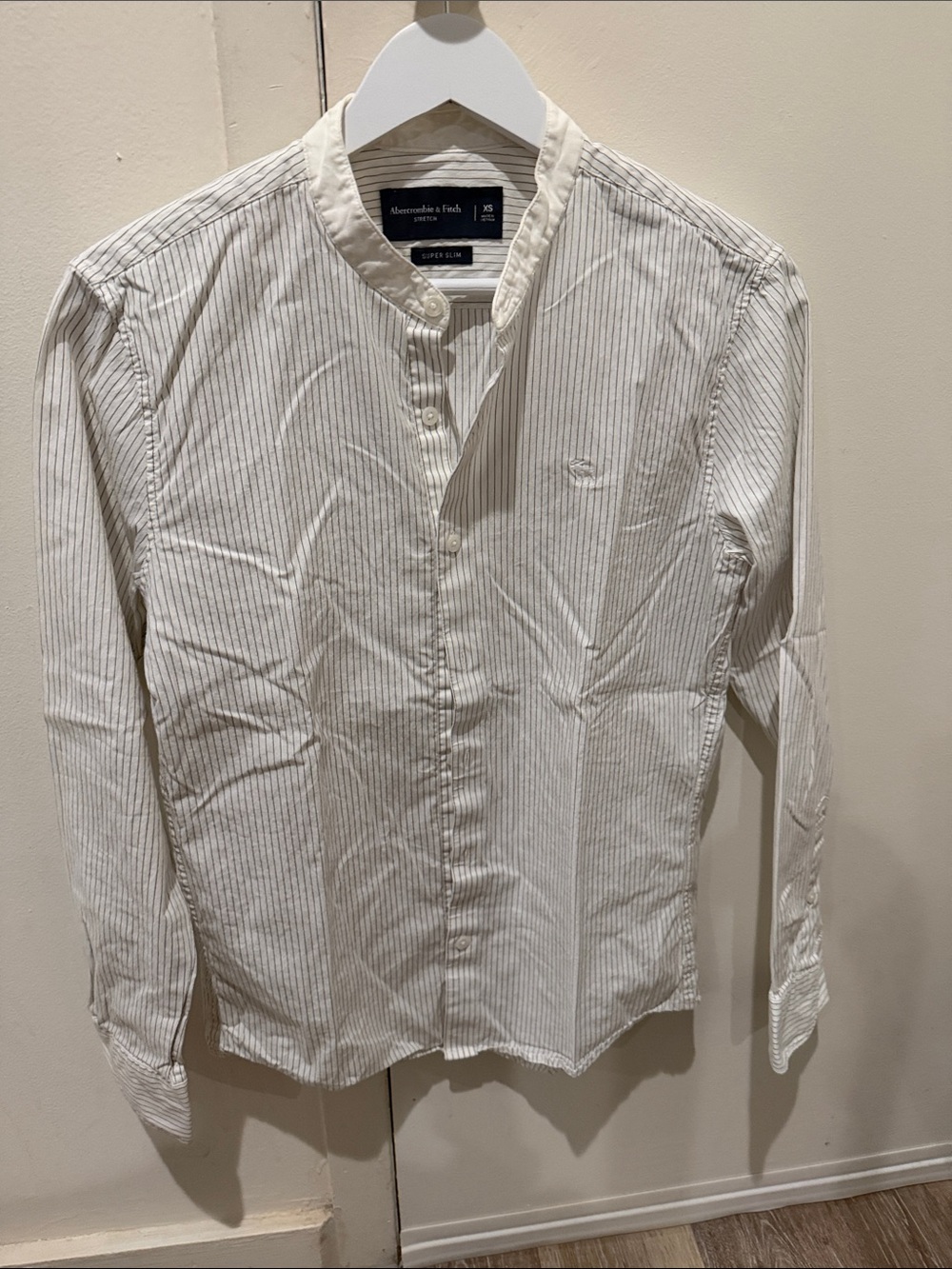 Abercrombie & Fitch White Shirt with Thin Gray Pinstripes - Band Collar